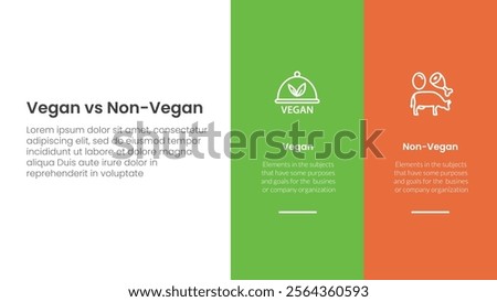 vegan vs non vegan or vegetarian comparison concept for infographic template banner with big column banner on right layout with two point list information vector