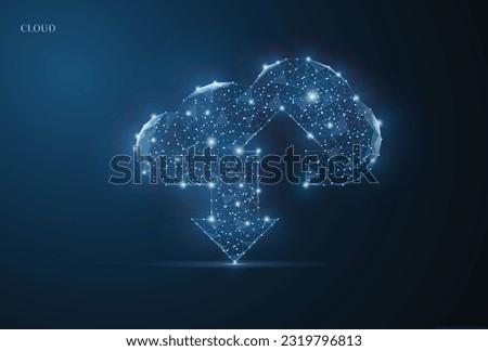 Cloud technologies composed of dots and grid. Wireframe cloud storage sign with two up and down arrows on a dark blue background. Cloud computing, data center, infrastructure of the future, digital AI
