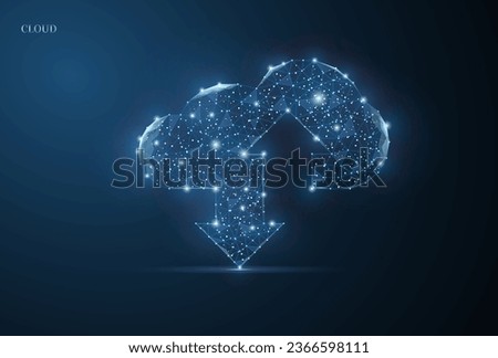Cloud technologies composed of dots and grid. Wireframe cloud storage sign with two up and down arrows on a dark blue background. Cloud computing, data center, infrastructure of the future.