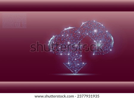 Cloud technologies composed of dots and grid. Wireframe cloud storage sign with two up and down arrows on a burgundy background. Cloud computing, data center, infrastructure of the future, digital AI