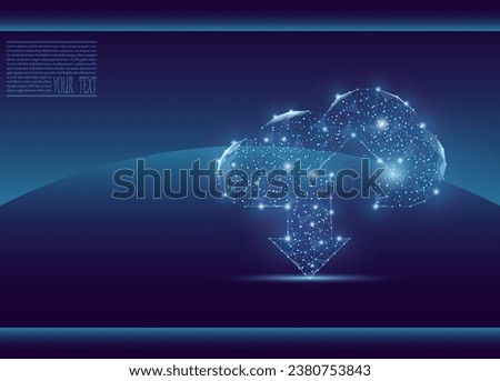 Cloud technologies on a hand composed of dots and grid. Wireframe cloud storage sign with two up and down arrows on a dark blue background. Cloud computing, data center, infrastructure of the future.