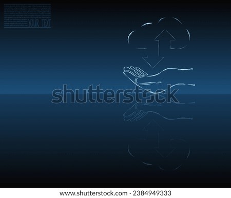 Cloud technologies on a hand composed of dots and grid with mirror reflection. Wireframe cloud storage sign with two up and down arrows on a dark blue background. Cloud computing, data center.