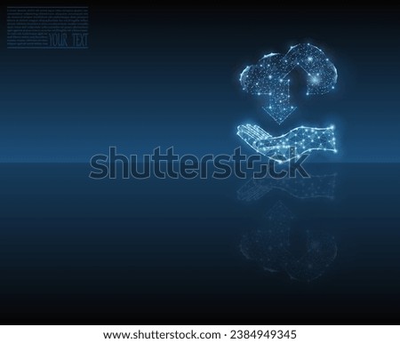 Cloud technologies on a hand composed of dots and grid with mirror reflection. Wireframe cloud storage sign with two up and down arrows on a dark blue background. Cloud computing, data center, infrast