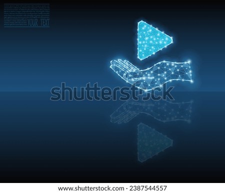 Vector illustration of play button with mirror reflection. Energy, electrical technology concept. Play button icon on dark blue background.