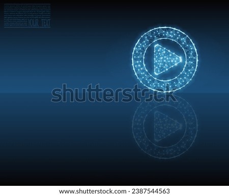 Vector illustration of play button with mirror reflection. Energy, electrical technology concept. Play button icon on dark blue background.