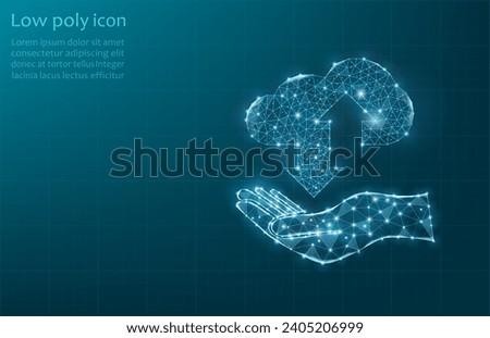 Cloud technologies on a hand composed of dots and grid. Wireframe cloud storage sign with two up and down arrows on a dark blue background. Cloud computing, data center, infrastructure of the future.