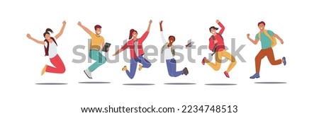 Set of Happy Students Characters Jumping with Backpacks and Textbooks. Schoolboys or Schoolgirls  jumping. Laughing, prepared to greeting New Educational Year, Back to School. 