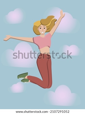 Jumping blonde. A delightful girl. Happy man. Jumping into the clouds.