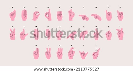 Vector hand language of the deaf and dumb. American Sign Language ASL Alphabet. Alphabetical language of signs and signals. English finger spelling for all letters. Vector in flat style.