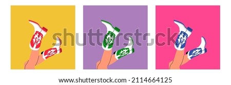 Set of three pair legs in cowboy boots. Cowboy girl wears boots. Cowboy western theme, wild west, texas. Various cowgirl boots. Hand drawn color trendy vector illustration. Each card is isolated