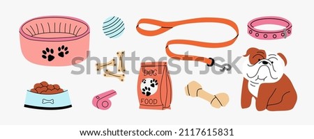 Various accessories and equipment for dogs.Food, toys, collar, leash, bone, bowl, whistle.The concept of a pet shop or shop. Hand-drawn colorful icons. Fashion math illustration. All elements isolated