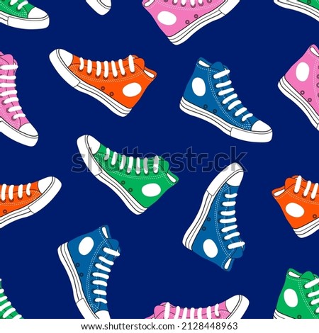 Seamless pattern sport shoe all stars converse shoes footwear. Retro sneakers repeat background in trendy style. Modern fashionable sneakers on a blue background. Flat vector hand drawn illustration. 