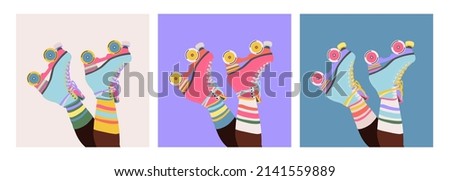 Set of roller skates on woman legs with long socks. Girls wearing roller skates. Hand-drawn trendy illustration of legs and rollerblades. Female legs. Pastel colour web banner design. Modern poster.