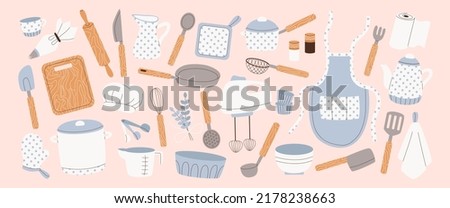 Homemade bakery, cooking, kitchenware set. Kitchen and baking utensils, supplies, tools, equipment, cutlery. Cook appliances, accessories collection. Flat vector illustrations of cookware objects.