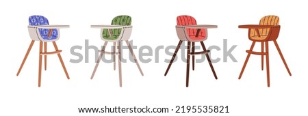 Set of baby high chair for eating at home with different patterns. Raising Child. Feeding seat for infant with print of abstract circle, rainbow, heart, cactus. Modern child wooden chair on high legs.