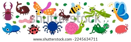 Set of cute garden insects, bugs. Snail, spider, butterfly, stag-beetle, mantis, dragonfly, grasshopper, worm, spider, ladybug, bee, beetle, ant for children. Funny childish characters. Cartoon vector