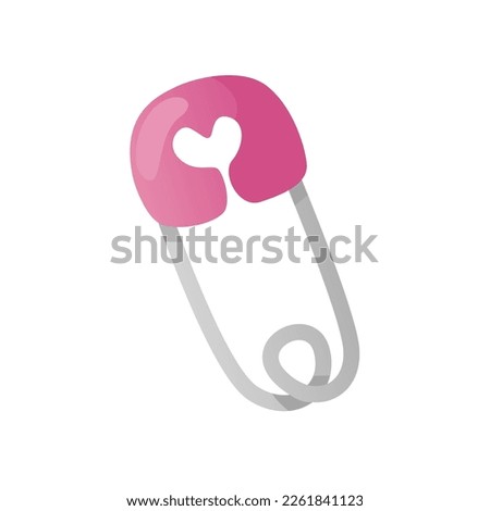 Cute pink diaper pin with heart. Baby safety pin. Baby shower invitation. It's a girl. Hello baby celebration, holiday, event. Banner, flyer. Cartoon illustration