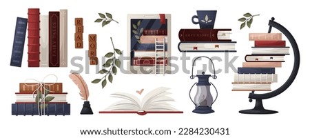 Set of stack of books, globe, inkwell quill, plant, lantern, ebook, cup tea. World book day. Bookstore, bookshop, library, book lover, bibliophile, education. Vector for poster, cover, advertising