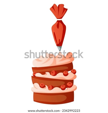 Homemade baked cake with pastry bag cream, berries, pastry products. Pastries from the dough.Baking, bakery shop, cooking, sweet products, dessert.Vector for poster, banner, menu, cover, advertising
