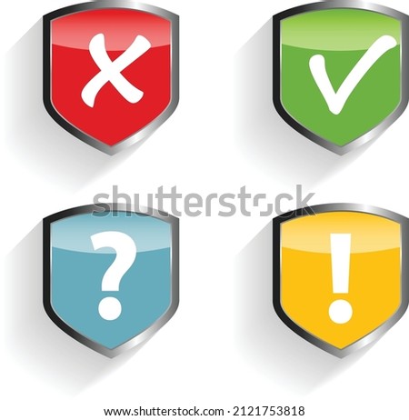 shield design with shine metal silver sign of question mark exclaimation cross and tick mark design with sheild