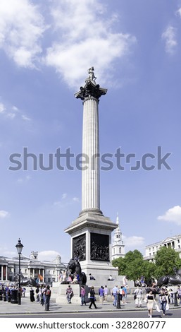 LONDON, ENGLAND - MAY 18, 2014: Nelson\'s Column is a monument in Trafalgar Square, central London. Built to commemorate Admiral Horatio Nelson, who died at the Battle of Trafalgar in 1805.