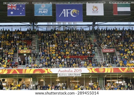 SYDNEY AUSTRALIA-JANUARY 2015, The crowd at Newcastle Stadium, venue for the AFC Asian Cup Semi final between Australia and United Arab Emirates, ANZ Stadium, Sydney, on 27 January 2015, in Australia