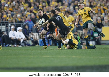 SYDNEY AUSTRALIA- AUGUST 2015, Australian & New Zealand players in action during the Bledisloe Cup match, Australia v New Zealand, ANZ Stadium, Sydney, 8 August 2015, in Australia
