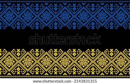 Flag of Ukraine yellow and blue pattern background. Ukrainian ornament. Ornaments embroidered on clothes. Flag of Ukraine embroidered on a black background.  handmade cross-stitch Stockfoto © 