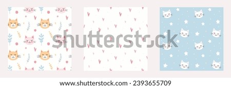 Set of cute seamless patterns with cats and hearts. Vector illustration for children's room, textile and wallpaper. Funny animals, stars and clouds.