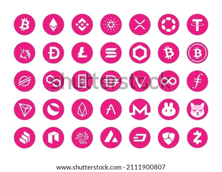 Cryptocurrency Coin Icons vector illustration in Hot Pink colour. Crypto Logo custom graphics. Bitcoin, ethereum, polkadot, luna, solana, chainlink, shiba inu, avax, dogecoin, aave, theta, icp, neo.