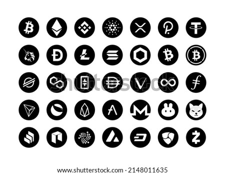 Cryptocurrency Coin Icons vector illustration in black colour. Crypto Logo custom graphics. Bitcoin, ethereum, polkadot, luna, solana, chainlink, shiba inu, avax, dogecoin, aave, theta, icp, neo.