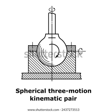 Spherical three-motion kinematic pair with a ball head. Vector illustration