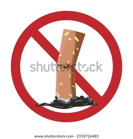 Isolated illustration of tobacco cigarette butts extinguished with ashes, cigarette butts extinguished with ashes and red circle crossed out restriction sign for no smoking area template