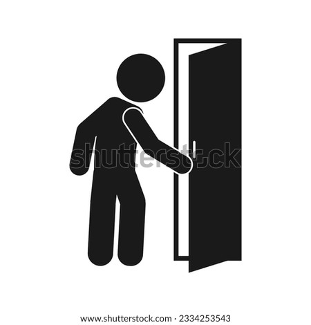 Isolated illustration pic black pictogram man walk and open door with door handle, template design for safety do not enter, exit, way out, direction, indoor navigation