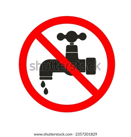 Isolated illustration of black pictogram do not water tap sign for save water, please turn off the tap environment sign in red circle cross out prohibited sign 
