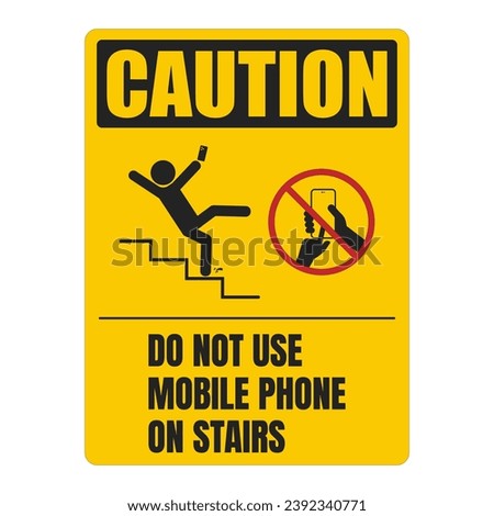 Printable yellow safety sign caution do not use mobile phone on stairs, with stick figure walking down stair with hold or while use hand phone, no phone usage red circle crossed 