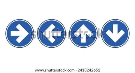 Bundle set of round circle blue direction sign, in isolated white