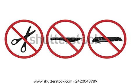 Bundle set of prihibition sign do not bring or use cutter, cutting tool, sharp object, scissors, knife, knives, blade  