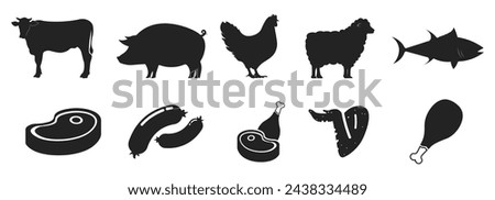 Bundle set pictogram icon of meats and animals, cow, pig, chickem, lamb, fish