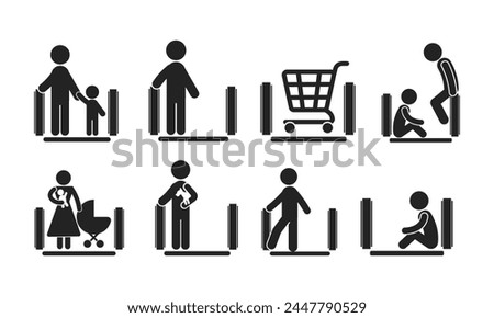 Bundle set icon for safety and security sign on an escalator, for mall, airport, indoor moving stairs label 