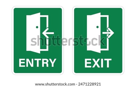 Bundle dreen rectangle entry and exit sign, with arrow toward opened door illustration