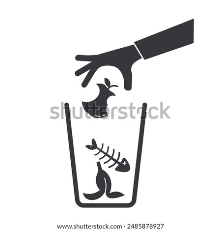 Isolated pictogram inorganic trash bon, with illustration han throw fishbone, aple, banana