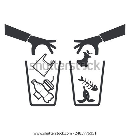 Bundle  pictogram organic and inorganic trash bin, with illustration han throw fishbone, aple, banana, plastic bag, bottle