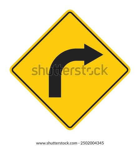 Isolated turn right with caution in yellow diamond shape traffic sign label 