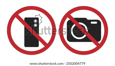 Bundle set prohibition sign no camera phone allowed, do not take picture and video with circle camera crossed red label