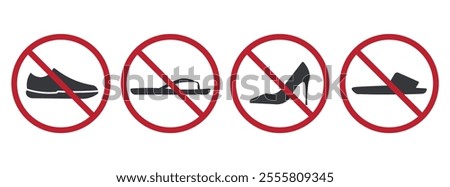 Bundle prohibition sign of shoes, high heels, sandal, flip flops, boots, footwear not allowed label