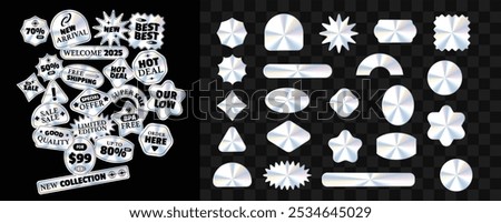 Holographic stickers. Hologram labels of different shapes. Sticker shapes for design mockups. Holographic textured stickers for preview tags, labels. For Marketplace Shop Sticker. NOT AI GENERATED!