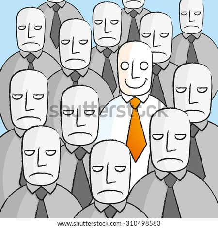 Smiling man in a crowd of sad people