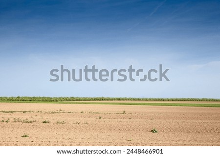 Similar – Foto Bild Panorama eines leeren gepflügten Feldes im frühen Frühjahr. Beginn der Gartensaison, Luftaufnahme