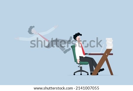 Being absent minded cause inefficiency work, distraction decrease productivity, or lack of concentration at work concept, Businessman stop working for a moment while his spirit escaped from body.